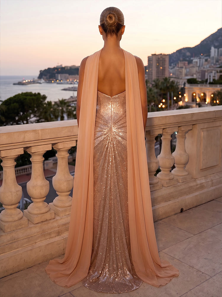 Sequin Mermaid Sweetheart Maxi Evening Dresses with Scarf