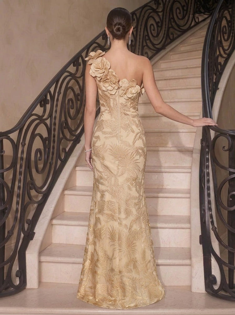Jacquard Mermaid One Shoulder Maxi Evening Dresses with 3D Flowers
