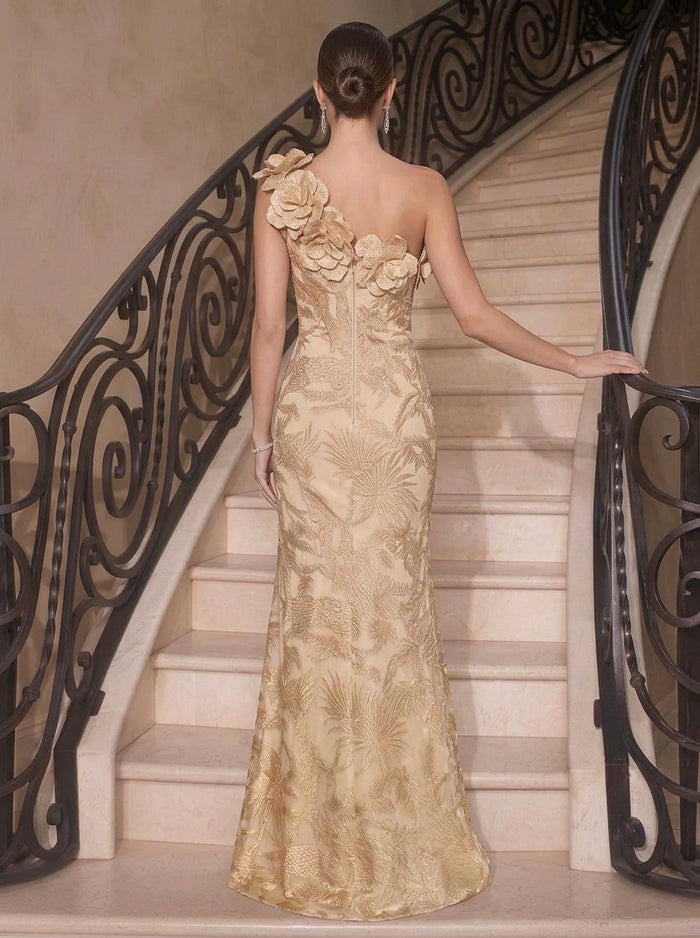 Jacquard Mermaid One Shoulder Maxi Evening Dresses with 3D Flowers
