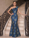 Jacquard Mermaid One Shoulder Maxi Evening Dresses with 3D Flowers