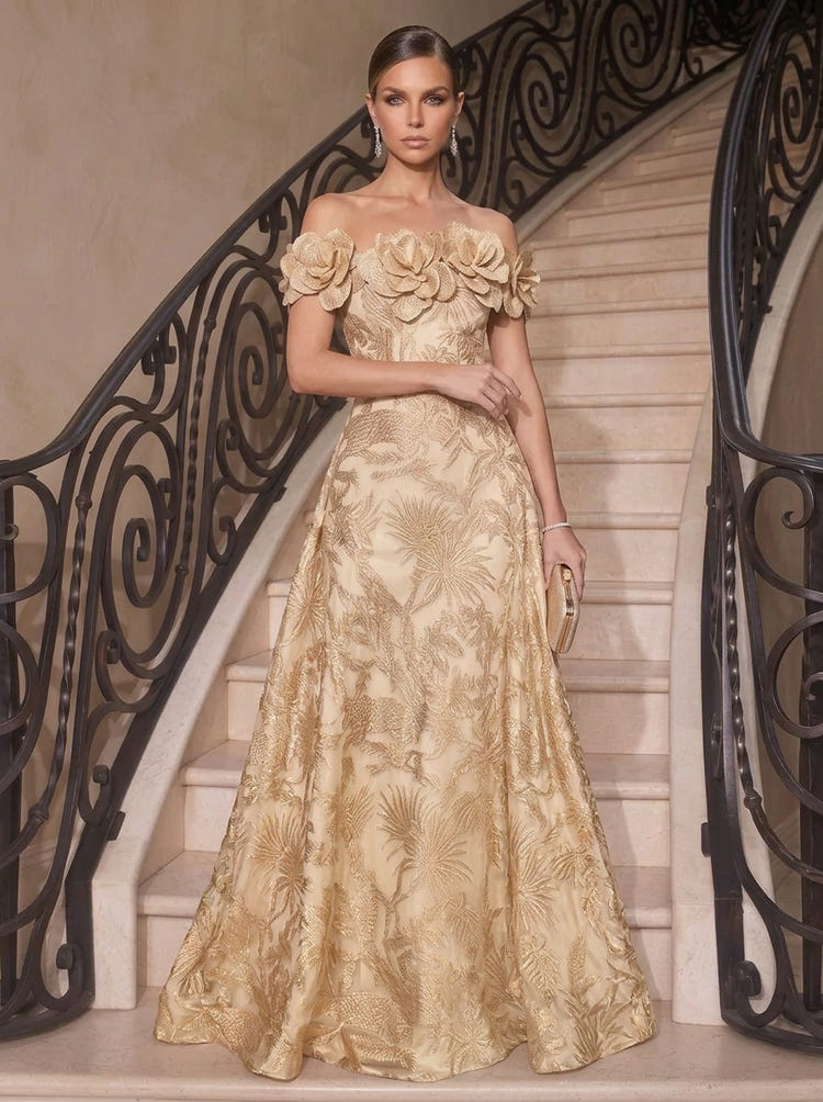 Jacquard A-Line Off Shoulder Maxi Evening Dresses with 3D Flowers