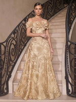 Jacquard A-Line Off Shoulder Maxi Evening Dresses with 3D Flowers