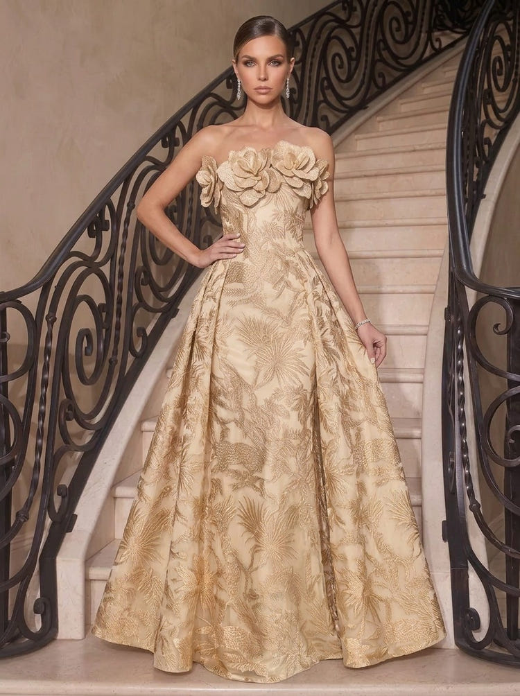 Jacquard A-Line Strapless Maxi Evening Dresses with 3D Flowers
