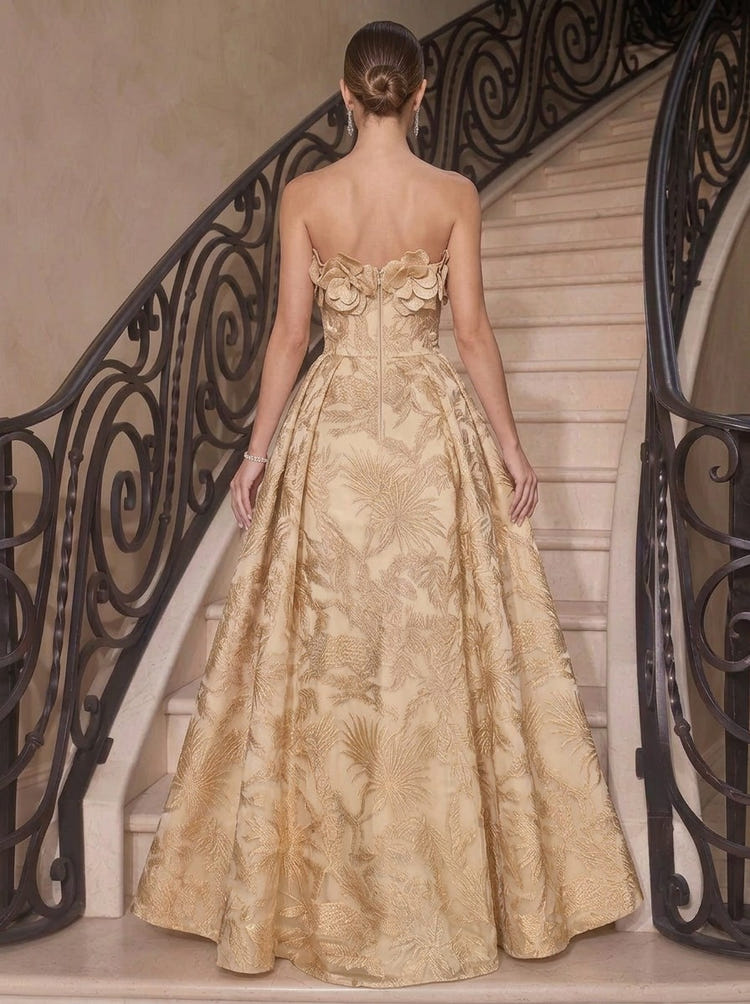 Jacquard A-Line Strapless Maxi Evening Dresses with 3D Flowers
