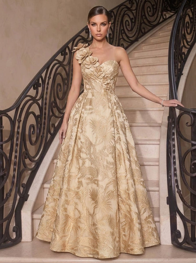 Jacquard A-Line One Shoulder Maxi Evening Dresses with 3D Flowers