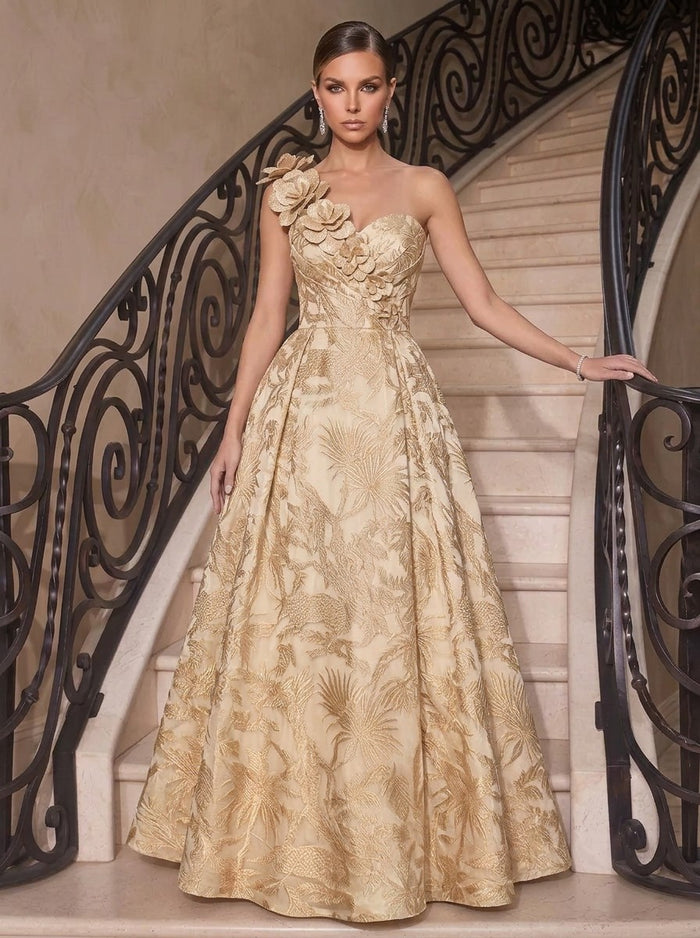 Jacquard A-Line One Shoulder Maxi Evening Dresses with 3D Flowers