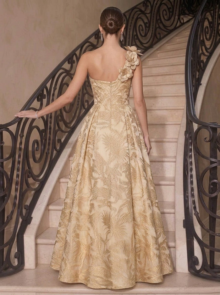 Jacquard A-Line One Shoulder Maxi Evening Dresses with 3D Flowers