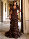 Mermaid V Neck Maxi Evening Gown with Voluminous Tiered Ruffles