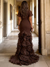 Mermaid V Neck Maxi Evening Gown with Voluminous Tiered Ruffles