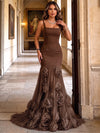 Jersey & Mesh Mermaid Square Neck Maxi Evening Gown with 3D Flowers