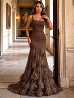 Jersey & Mesh Mermaid Square Neck Maxi Evening Gown with 3D Flowers