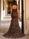 Jersey & Mesh Mermaid Square Neck Maxi Evening Gown with 3D Flowers