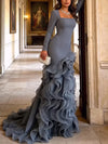 Jersey&Mesh Mermaid Square Neck Maxi Evening Gown with Voluminous Tiered Ruffles