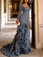 Jersey&Mesh Mermaid Square Neck Maxi Evening Gown with Voluminous Tiered Ruffles