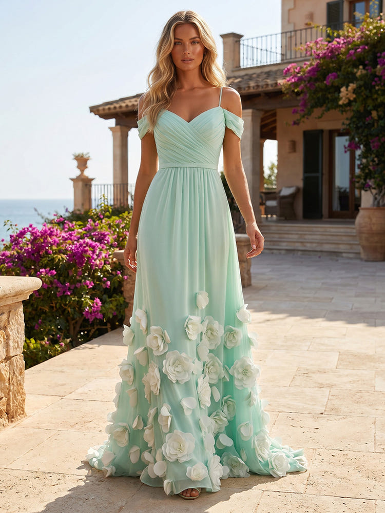 Mesh A-Line Spaghetti Straps Maxi Evening Dresses with 3D Flowers