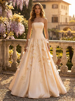 Satin A-Line Strapless Maxi Evening Dresses with Beaded