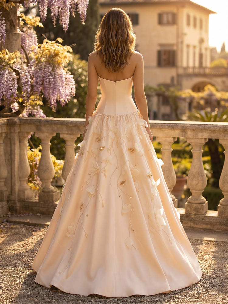 Satin A-Line Strapless Maxi Evening Dresses with Beaded