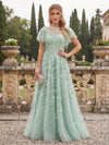 Tulle A-Line Boat Neck Maxi Evening Dresses with 3D Flower Appliques