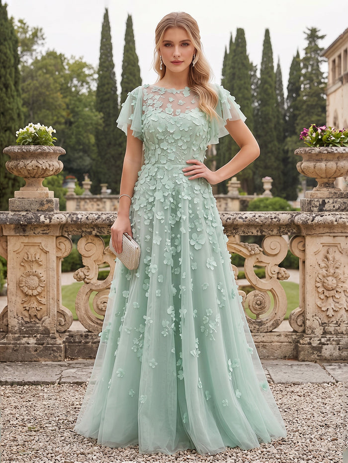 Tulle A-Line Boat Neck Maxi Evening Dresses with 3D Flower Appliques