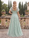 Tulle A-Line Boat Neck Maxi Evening Dresses with 3D Flower Appliques