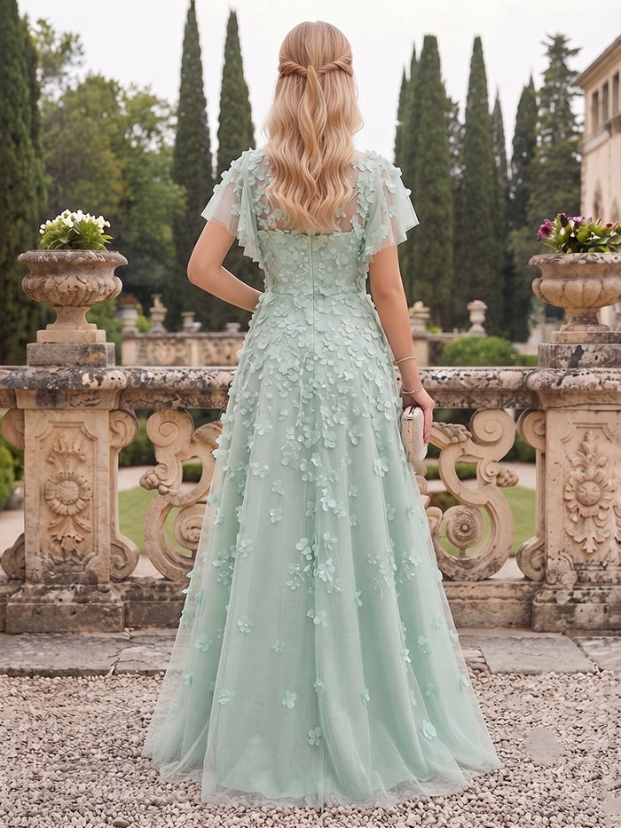 Tulle A-Line Boat Neck Maxi Evening Dresses with 3D Flower Appliques