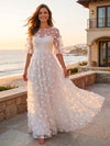 Tulle A-Line Boat Neck Maxi Evening Dresses with 3D Flower Appliques