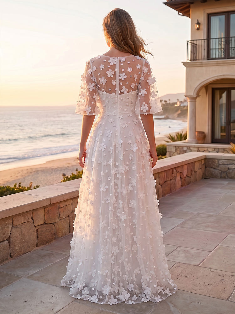 Tulle A-Line Boat Neck Maxi Evening Dresses with 3D Flower Appliques