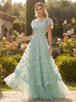 Tulle A-Line Crew Neck Maxi Evening Dresses with 3D Flower Appliques