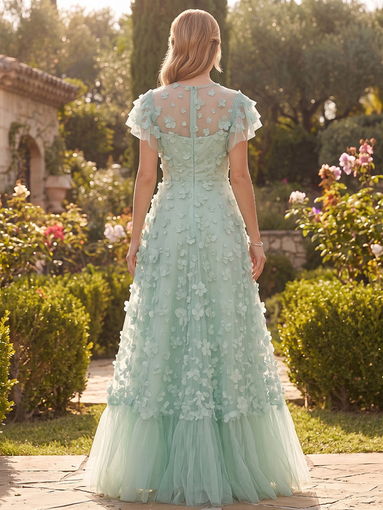 Tulle A-Line Crew Neck Maxi Evening Dresses with 3D Flower Appliques