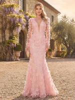 Tulle Mermaid V Neck Maxi Evening Dresses with 3D Flower Appliques