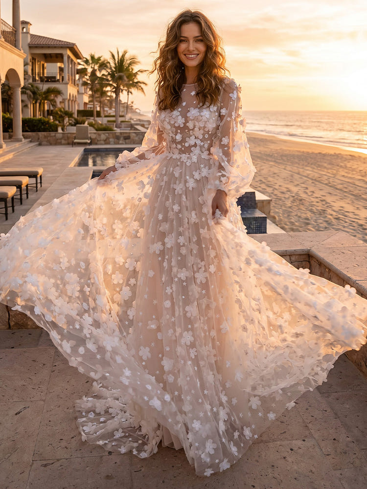 Sheer Tulle A-Line Crew Neck Maxi Evening Dresses with 3D Flower Appliques