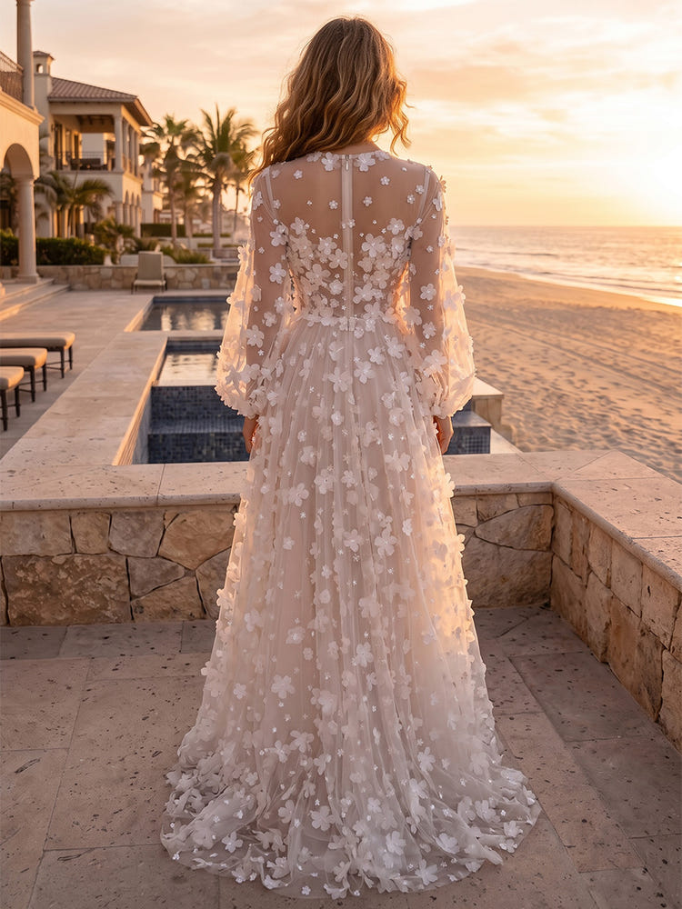 Sheer Tulle A-Line Crew Neck Maxi Evening Dresses with 3D Flower Appliques