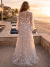 Sheer Tulle A-Line Crew Neck Maxi Evening Dresses with 3D Flower Appliques
