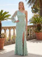Tulle Mermaid One Shoulder Maxi Evening Dresses with Side Slit
