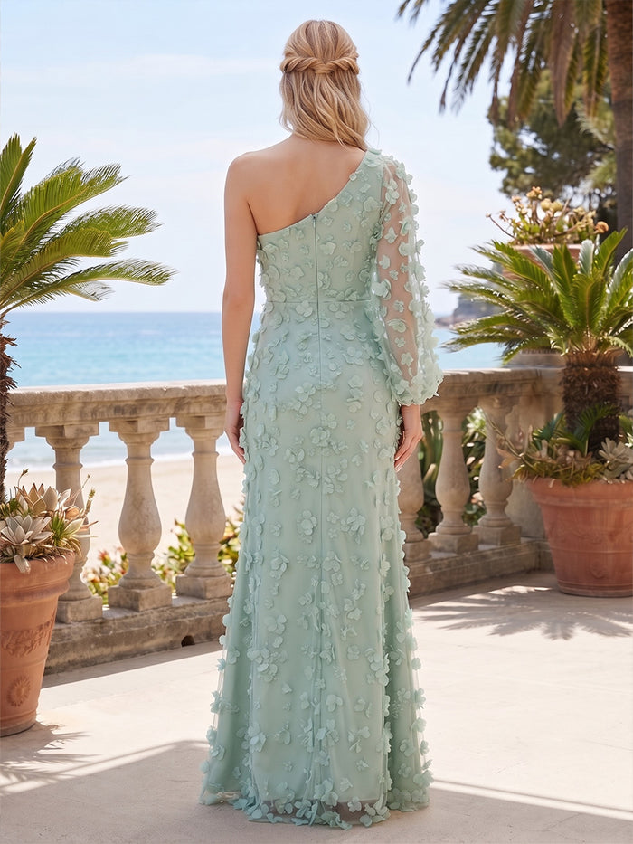 Tulle Mermaid One Shoulder Maxi Evening Dresses with Side Slit