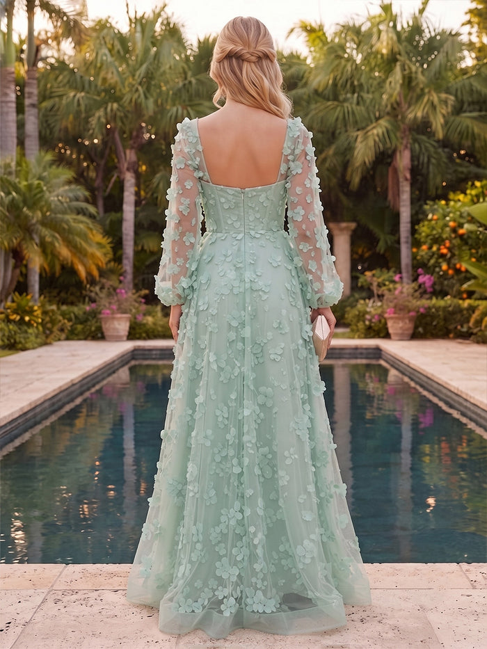 Tulle A-Line Sweetheart Maxi Evening Dresses with 3D Flower Appliques