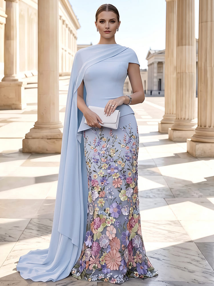 3D Flower Lace Mermaid Asymmetric Neck Maxi Evening Dresses with Draped Capes