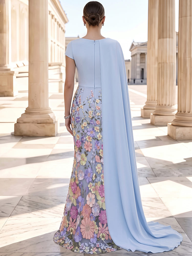3D Flower Lace Mermaid Asymmetric Neck Maxi Evening Dresses with Draped Capes