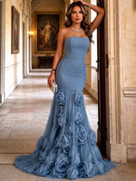Tulle Mermaid Strapless Maxi Evening Dresses with 3D Flowers