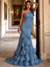 Tulle Mermaid One Shoulder Maxi Evening Dresses with 3D Flowers