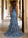 Tulle Mermaid One Shoulder Maxi Evening Dresses with 3D Flowers