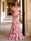 Tulle Mermaid Off Shoulder Maxi Evening Dresses with 3D Flowers