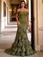 Tulle Mermaid Off Shoulder Maxi Evening Dresses with 3D Flowers