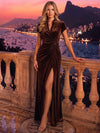 Velvet Mermaid Stand Collar Maxi Evening Dresses with Side Slit