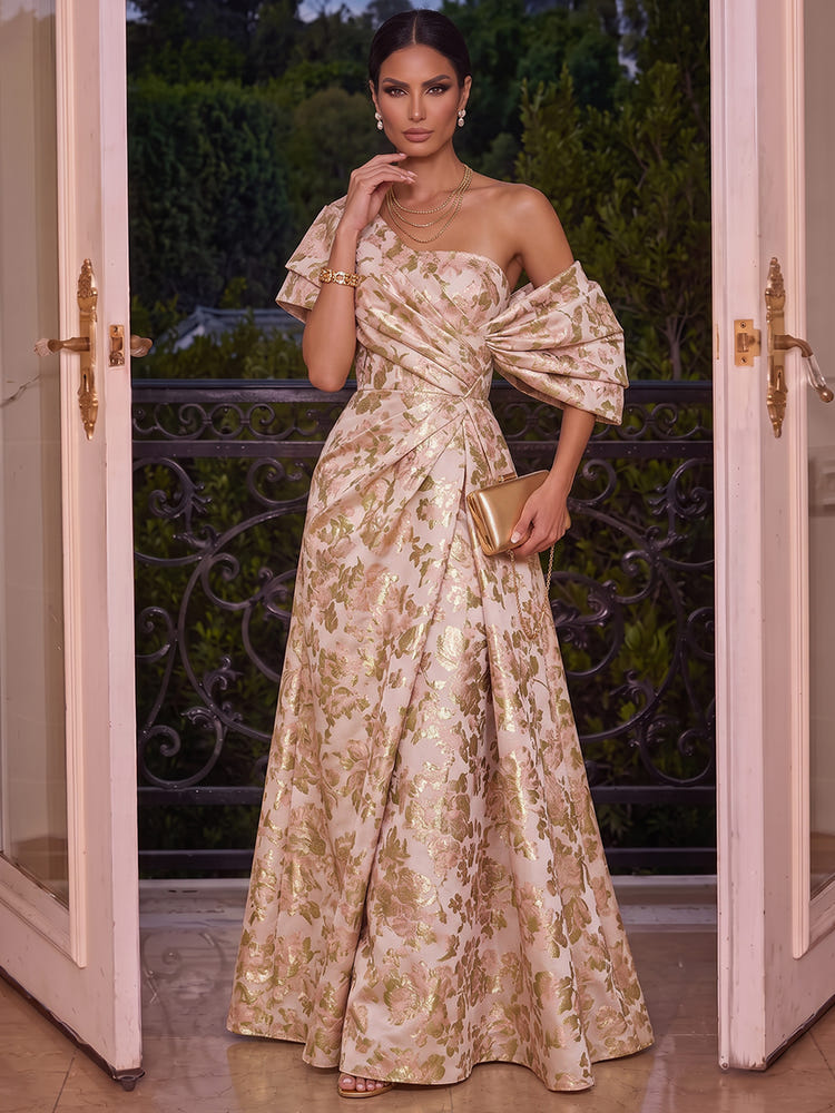 Jacquard A-Line Asymmetric Neck Maxi Evening Dresses with Pleated