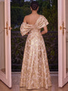 Jacquard A-Line Asymmetric Neck Maxi Evening Dresses with Pleated