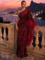 Sequins Sheath One Shoulder Maxi Evening Dresses with Feathers