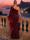Sequins Sheath One Shoulder Maxi Evening Dresses with Feathers