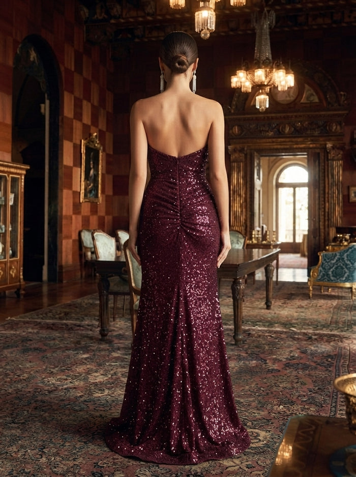 Sequins Mermaid Strapless Maxi Evening Dresses with Ruched