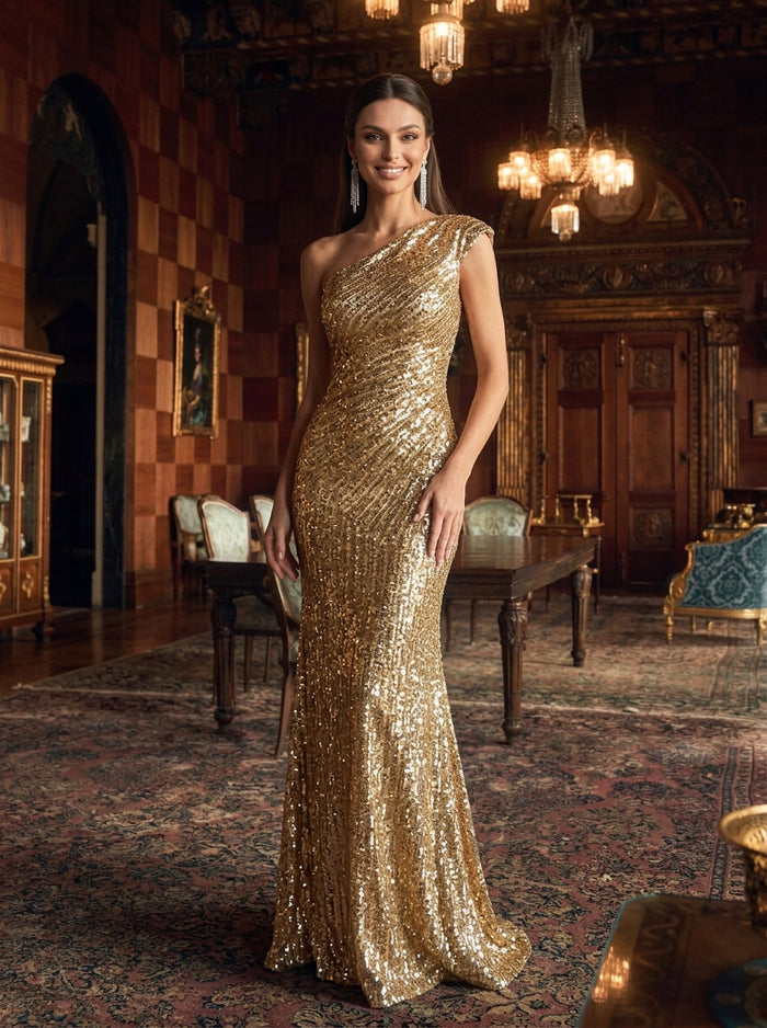 Sequins Mermaid One Shoulder Maxi Evening Dresses with Diagonal Sequin Stripes